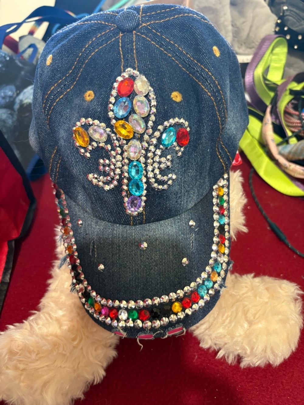 Source Unknown Denim Cap with Multicolored Crystal Fleur-de-Lis